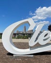 Cleveland script sign with scenic backdrop